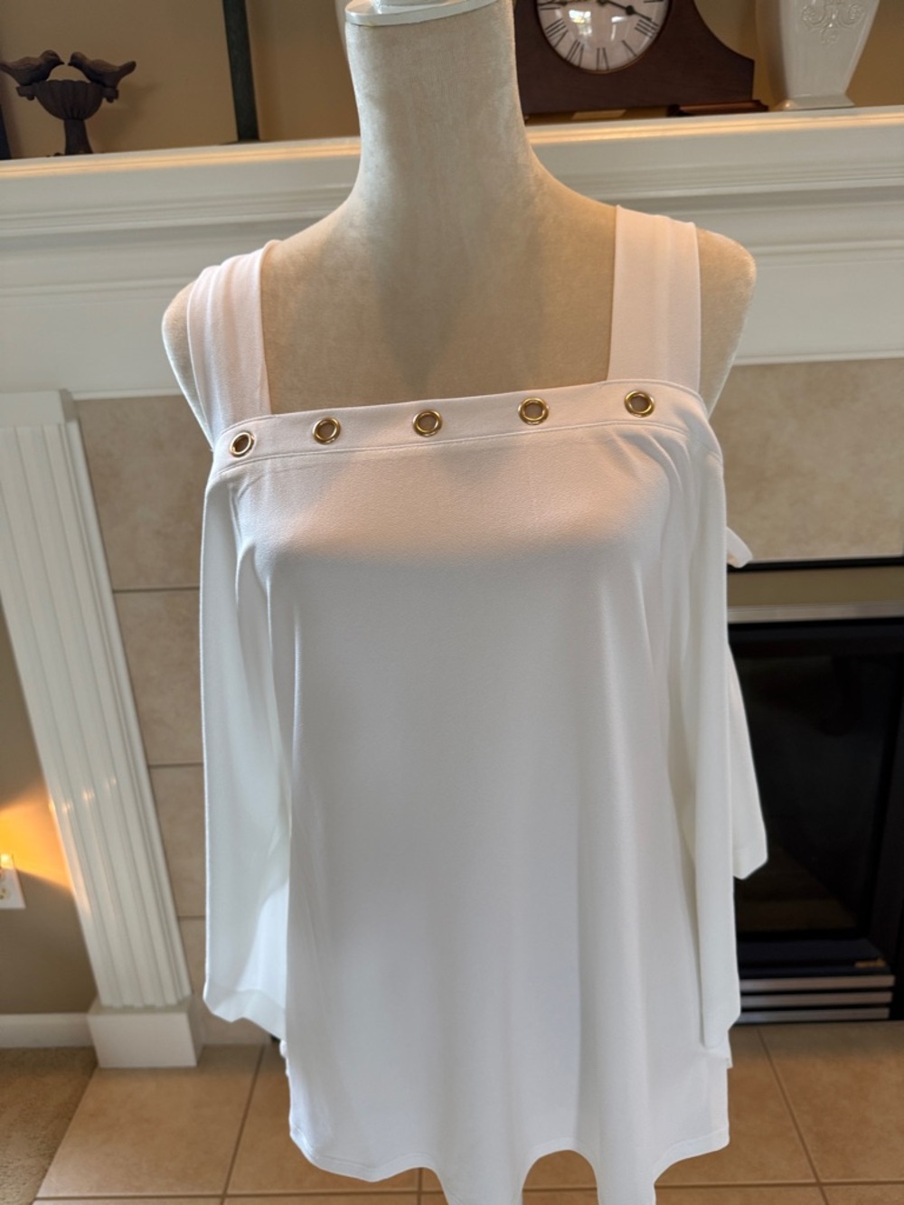 Belldini White Off-Shoulder Blouse with Gold Grommet Trim